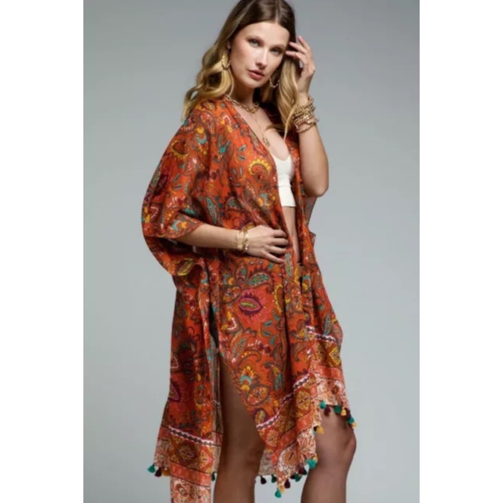 SOLD OUT Vintage Rust Jacobean Tassel Boho Kimono Wrap - Picture 3 of 6